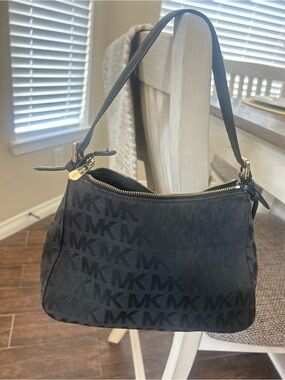 Michael Kors Black MK Signature Shoulder Bag with Gold Charm